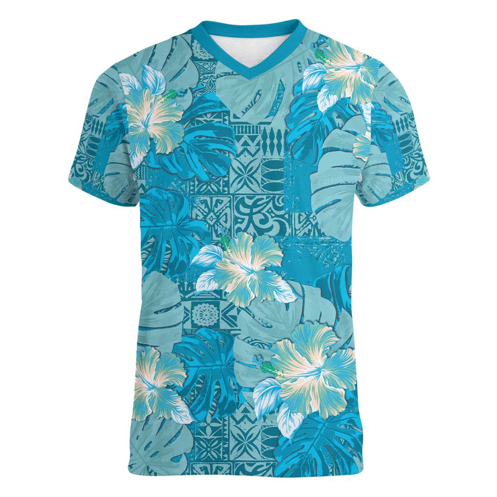 Hawaii Women V-Neck T-Shirt Teal Polynesian Monstera Patterns DT05 Female Teal - Polynesian Pride