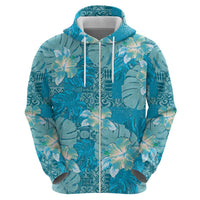 Hawaii Zip Hoodie Teal Polynesian Monstera Patterns - Polynesian Pride
