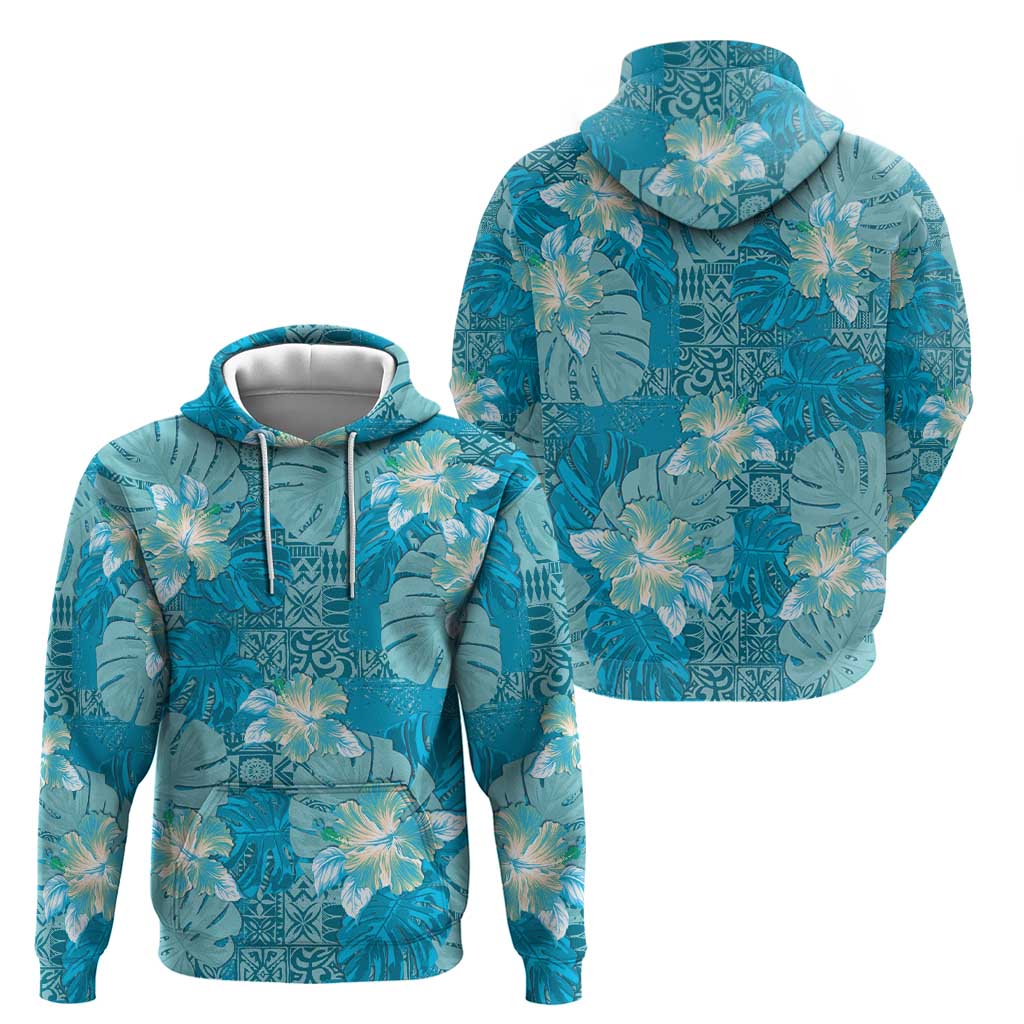 Hawaii Zip Hoodie Teal Polynesian Monstera Patterns - Polynesian Pride