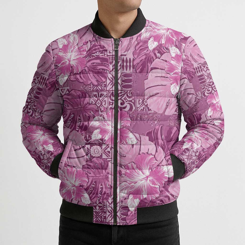 Hawaii Bomber Puffer Jacket Magenta Polynesian Monstera Patterns - Polynesian Pride