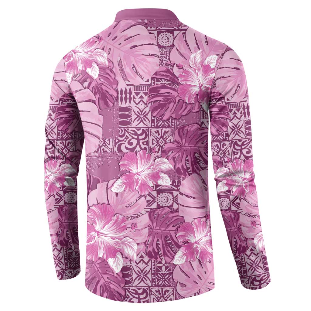 Hawaii Button Sweatshirt Magenta Polynesian Monstera Patterns - Polynesian Pride