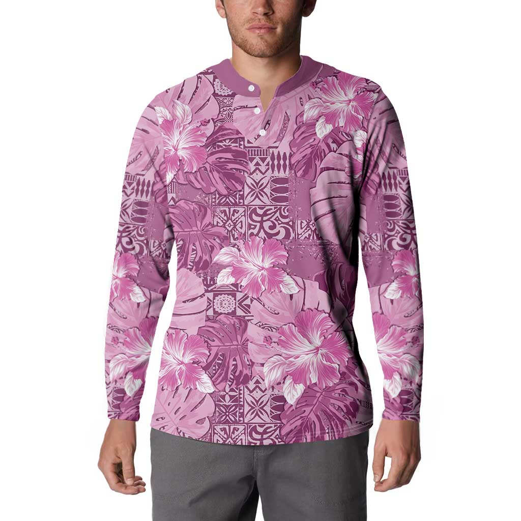Hawaii Button Sweatshirt Magenta Polynesian Monstera Patterns - Polynesian Pride