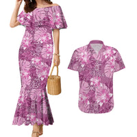 Hawaii Couples Matching Mermaid Dress and Hawaiian Shirt Magenta Polynesian Monstera Patterns - Polynesian Pride