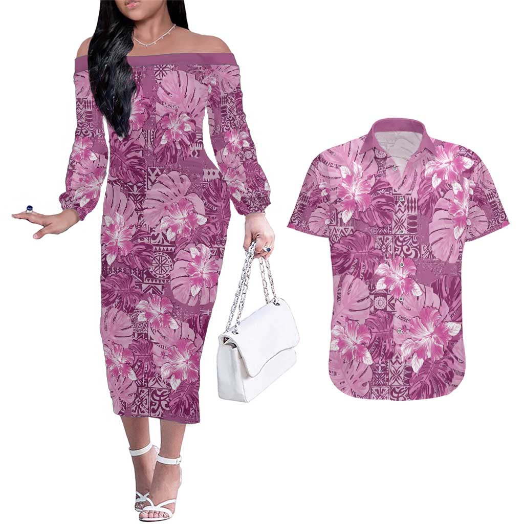 Hawaii Couples Matching Off The Shoulder Long Sleeve Dress and Hawaiian Shirt Magenta Polynesian Monstera Patterns - Polynesian Pride