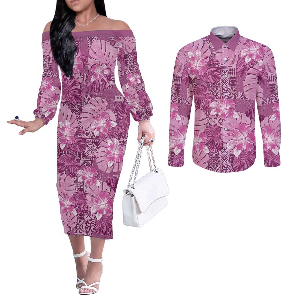Hawaii Couples Matching Off The Shoulder Long Sleeve Dress and Long Sleeve Button Shirt Magenta Polynesian Monstera Patterns - Polynesian Pride