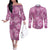 Hawaii Couples Matching Off The Shoulder Long Sleeve Dress and Long Sleeve Button Shirt Magenta Polynesian Monstera Patterns - Polynesian Pride