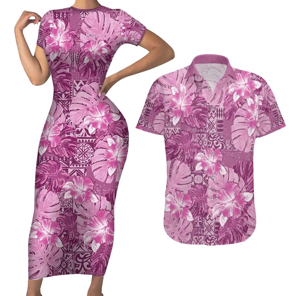 Hawaii Couples Matching Short Sleeve Bodycon Dress and Hawaiian Shirt Magenta Polynesian Monstera Patterns - Polynesian Pride