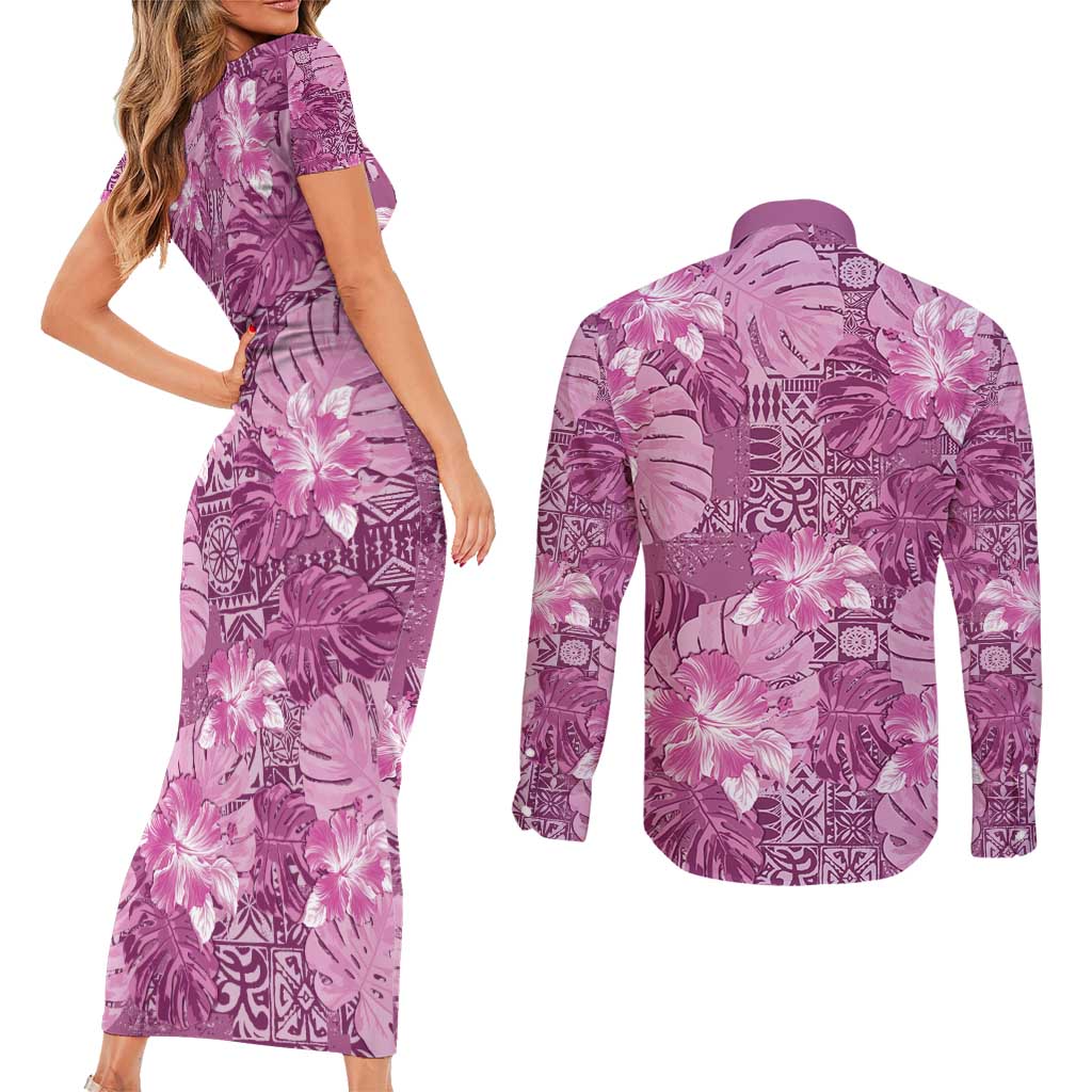 Hawaii Couples Matching Short Sleeve Bodycon Dress and Long Sleeve Button Shirt Magenta Polynesian Monstera Patterns - Polynesian Pride