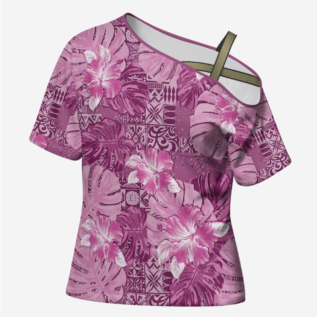 Hawaii Cross Shoulder Shirt Magenta Polynesian Monstera Patterns DT05 Female Magenta - Polynesian Pride