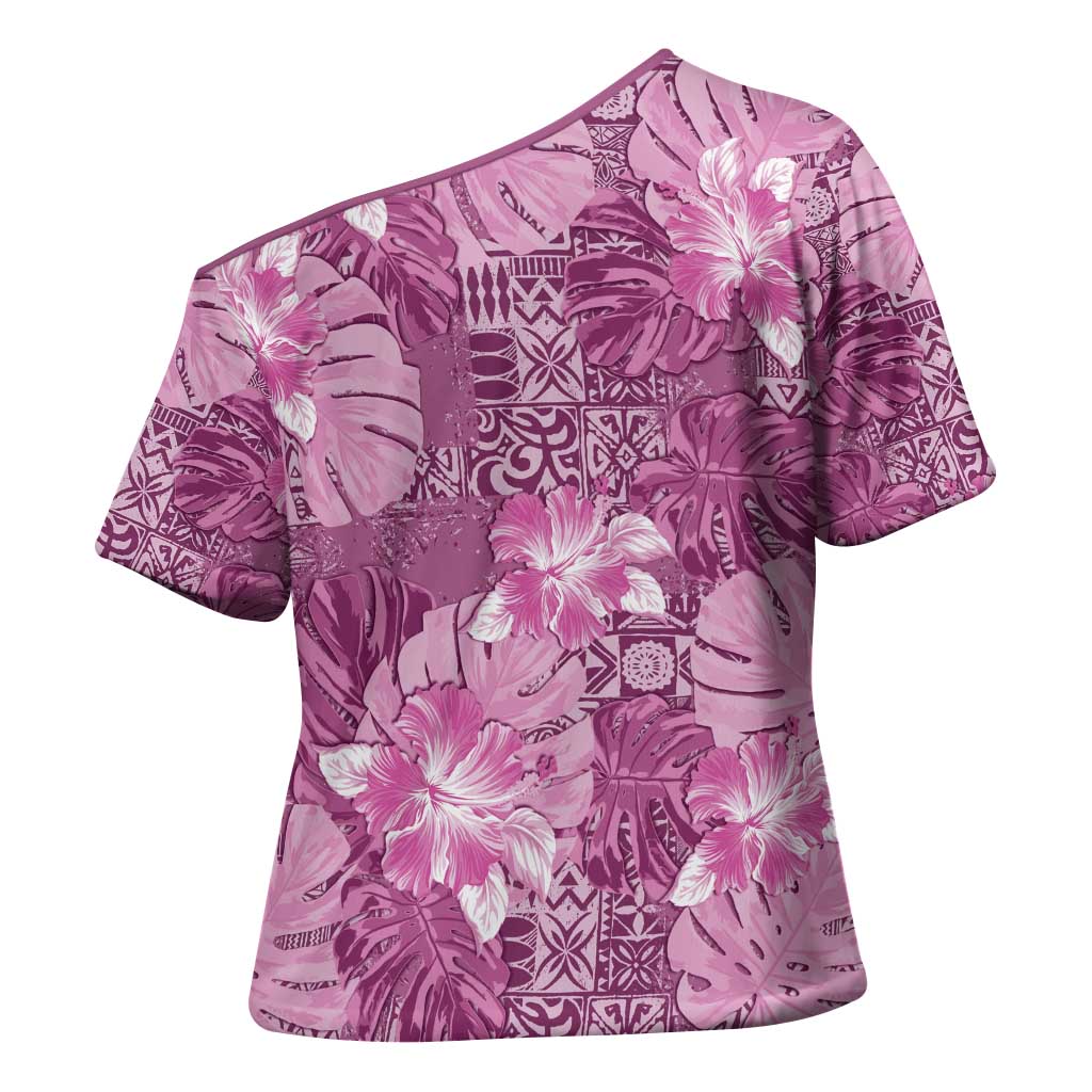 Hawaii Cross Shoulder Shirt Magenta Polynesian Monstera Patterns - Polynesian Pride