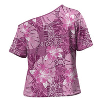 Hawaii Cross Shoulder Shirt Magenta Polynesian Monstera Patterns - Polynesian Pride