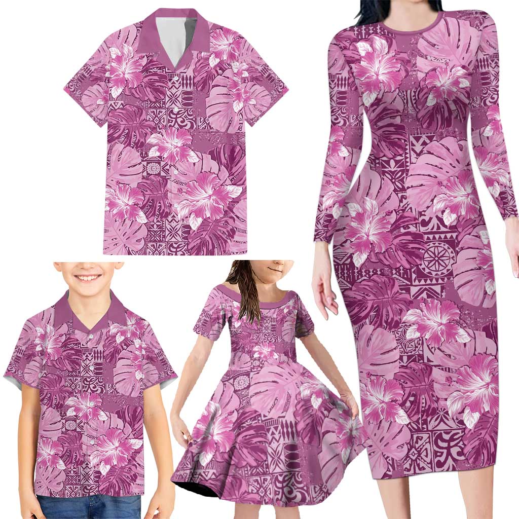 Hawaii Family Matching Long Sleeve Bodycon Dress and Hawaiian Shirt Magenta Polynesian Monstera Patterns - Polynesian Pride