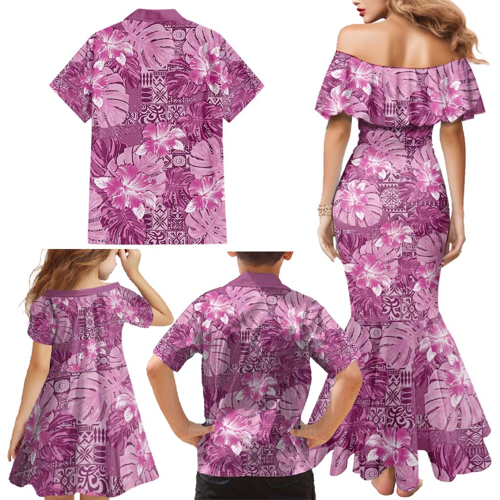 Hawaii Family Matching Mermaid Dress and Hawaiian Shirt Magenta Polynesian Monstera Patterns - Polynesian Pride
