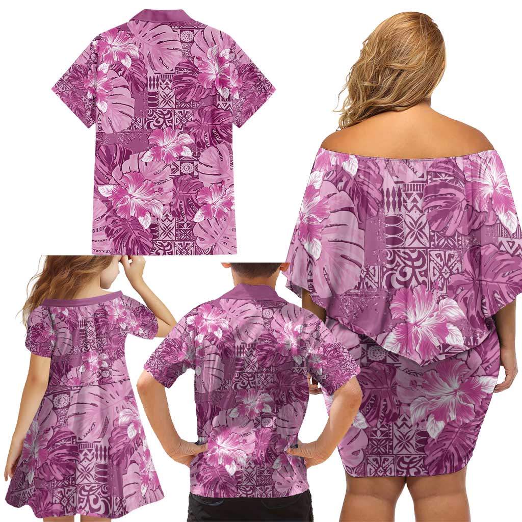 Hawaii Family Matching Off Shoulder Short Dress and Hawaiian Shirt Magenta Polynesian Monstera Patterns DT05 - Polynesian Pride