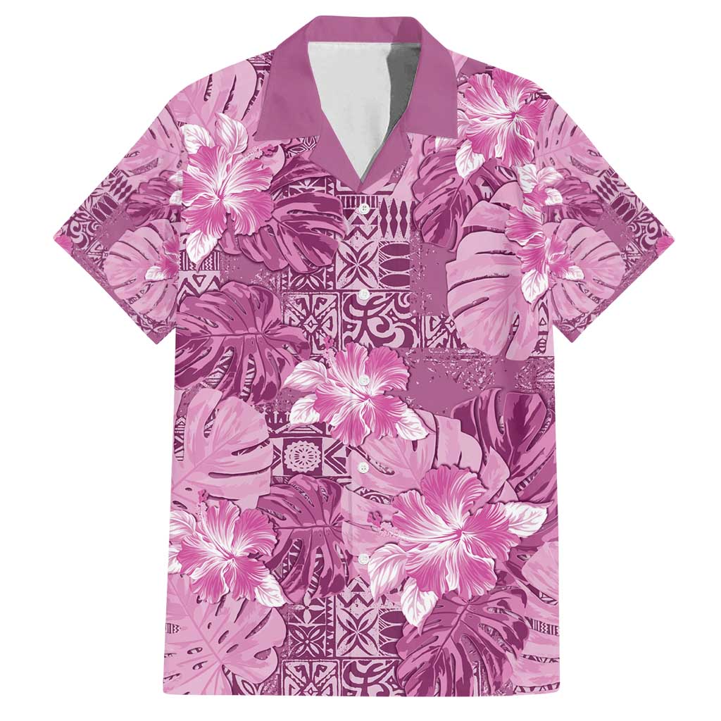 Hawaii Family Matching Off Shoulder Short Dress and Hawaiian Shirt Magenta Polynesian Monstera Patterns DT05 Dad's Shirt - Short Sleeve Magenta - Polynesian Pride