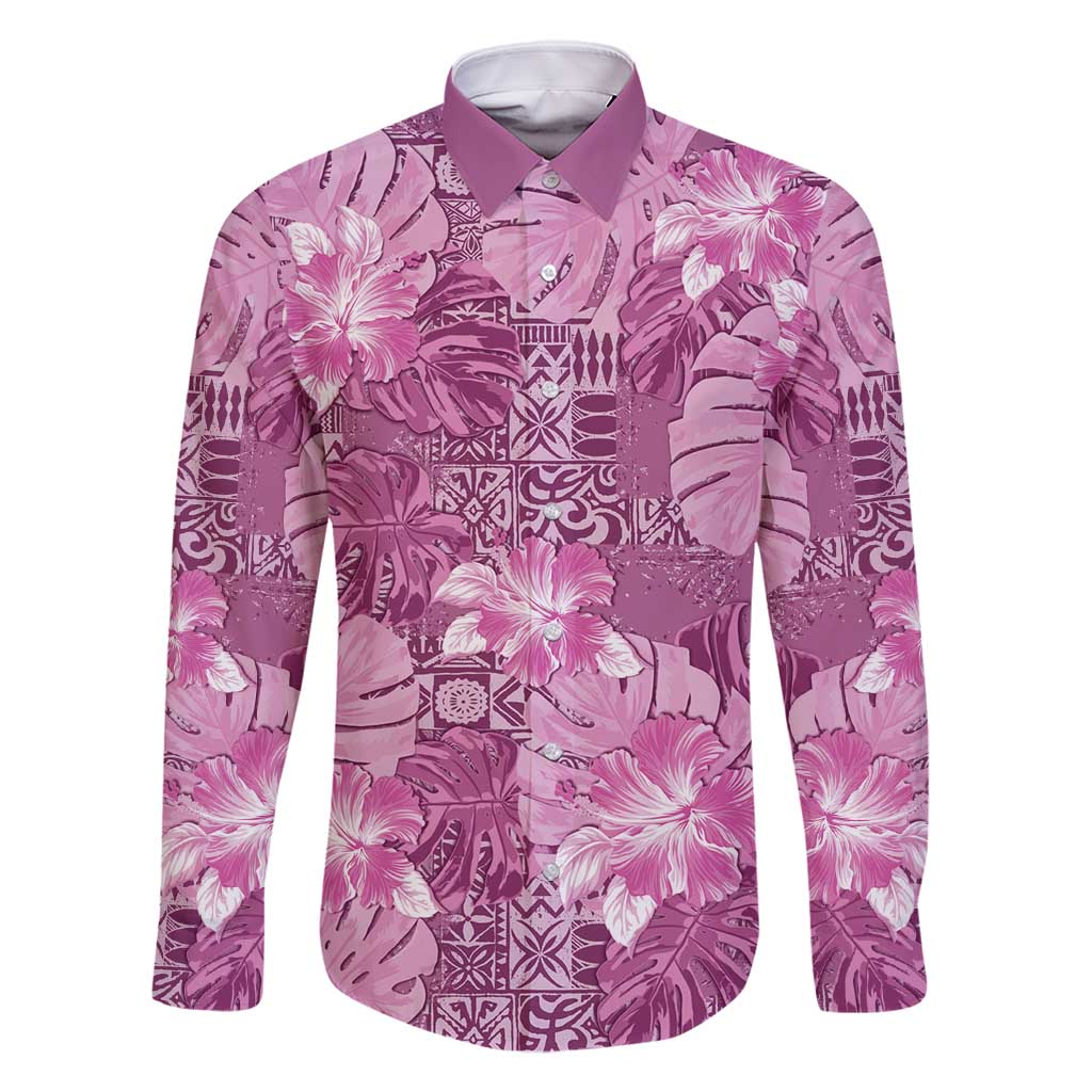 Hawaii Family Matching Off Shoulder Short Dress and Hawaiian Shirt Magenta Polynesian Monstera Patterns DT05 Dad's Shirt - Long Sleeve Magenta - Polynesian Pride