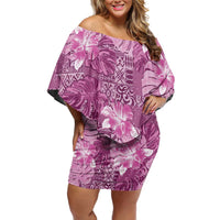 Hawaii Family Matching Off Shoulder Short Dress and Hawaiian Shirt Magenta Polynesian Monstera Patterns DT05 Mom's Dress Magenta - Polynesian Pride