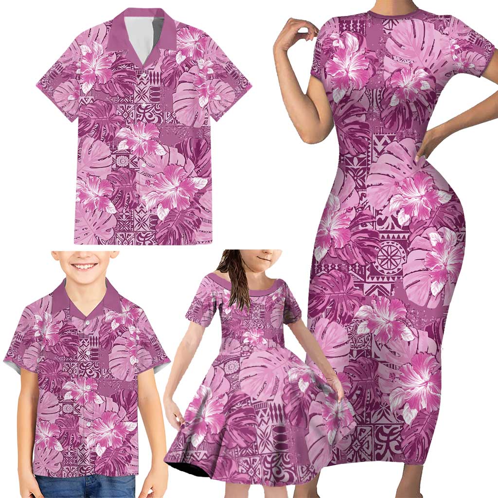 Hawaii Family Matching Short Sleeve Bodycon Dress and Hawaiian Shirt Magenta Polynesian Monstera Patterns - Polynesian Pride