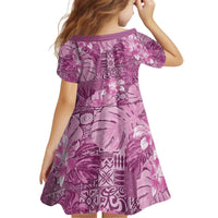 Hawaii Kid Short Sleeve Dress Magenta Polynesian Monstera Patterns - Polynesian Pride