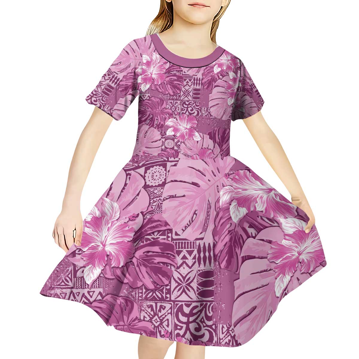Hawaii Kid Short Sleeve Dress Magenta Polynesian Monstera Patterns - Polynesian Pride