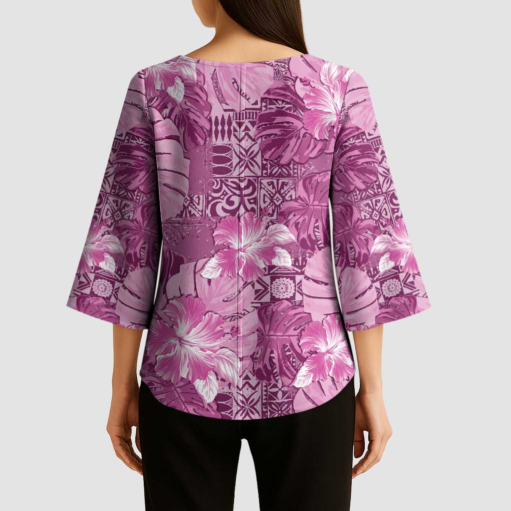 Hawaii Kimono Sleeve Blouse Magenta Polynesian Monstera Patterns - Polynesian Pride