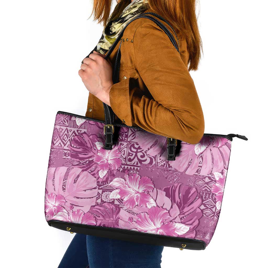 Hawaii Leather Tote Bag Magenta Polynesian Monstera Patterns DT05 Magenta - Polynesian Pride