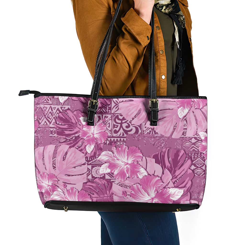 Hawaii Leather Tote Bag Magenta Polynesian Monstera Patterns DT05 - Polynesian Pride