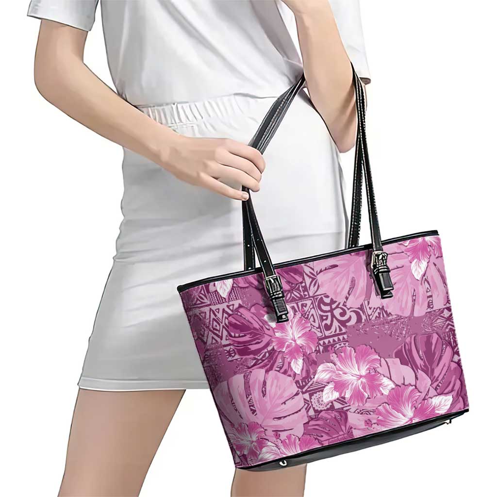Hawaii Leather Tote Bag Magenta Polynesian Monstera Patterns DT05 - Polynesian Pride