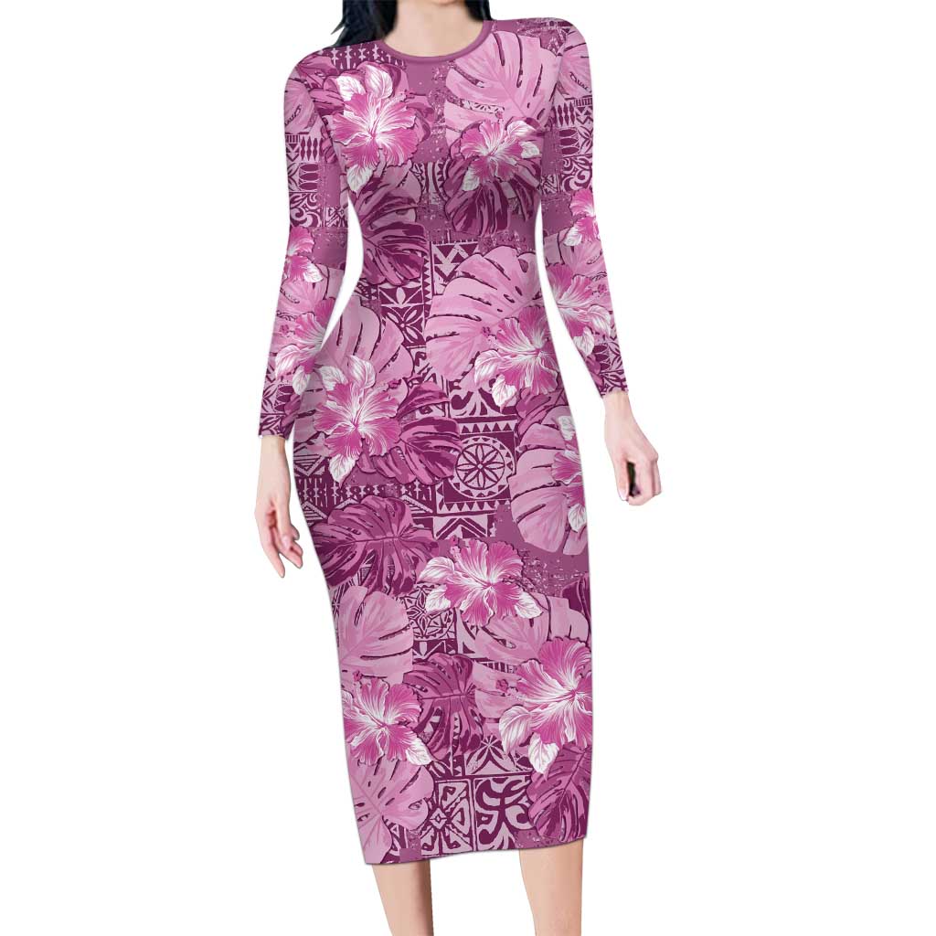 Hawaii Long Sleeve Bodycon Dress Magenta Polynesian Monstera Patterns