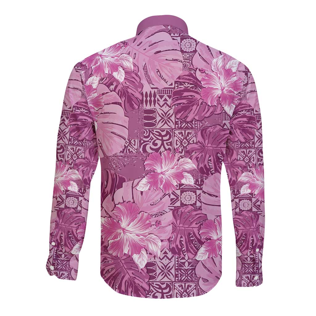 Hawaii Long Sleeve Button Shirt Magenta Polynesian Monstera Patterns - Polynesian Pride