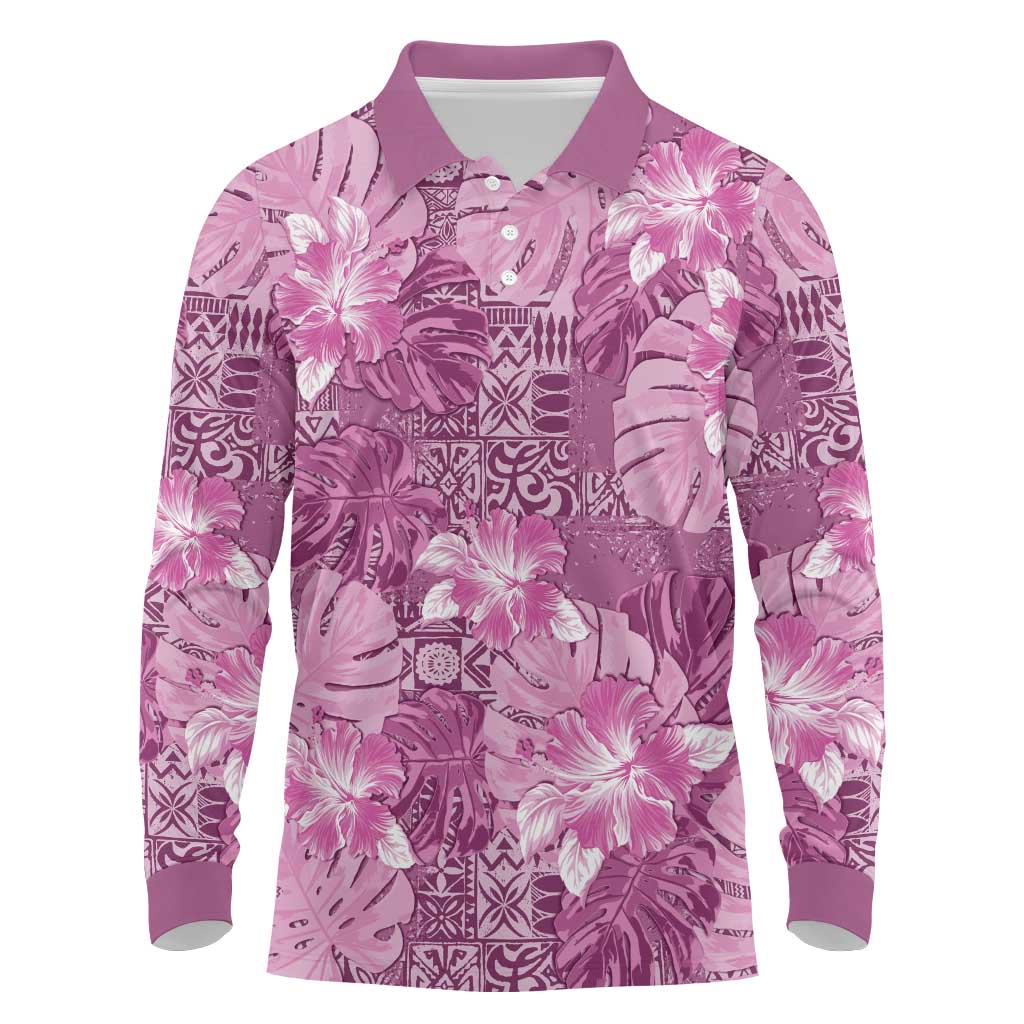 Hawaii Long Sleeve Polo Shirt Magenta Polynesian Monstera Patterns - Polynesian Pride