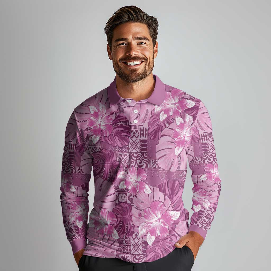 Hawaii Long Sleeve Polo Shirt Magenta Polynesian Monstera Patterns - Polynesian Pride
