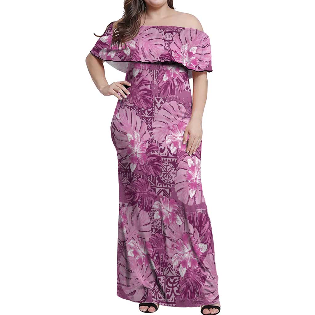 Hawaii Off Shoulder Maxi Dress Magenta Polynesian Monstera Patterns - Polynesian Pride