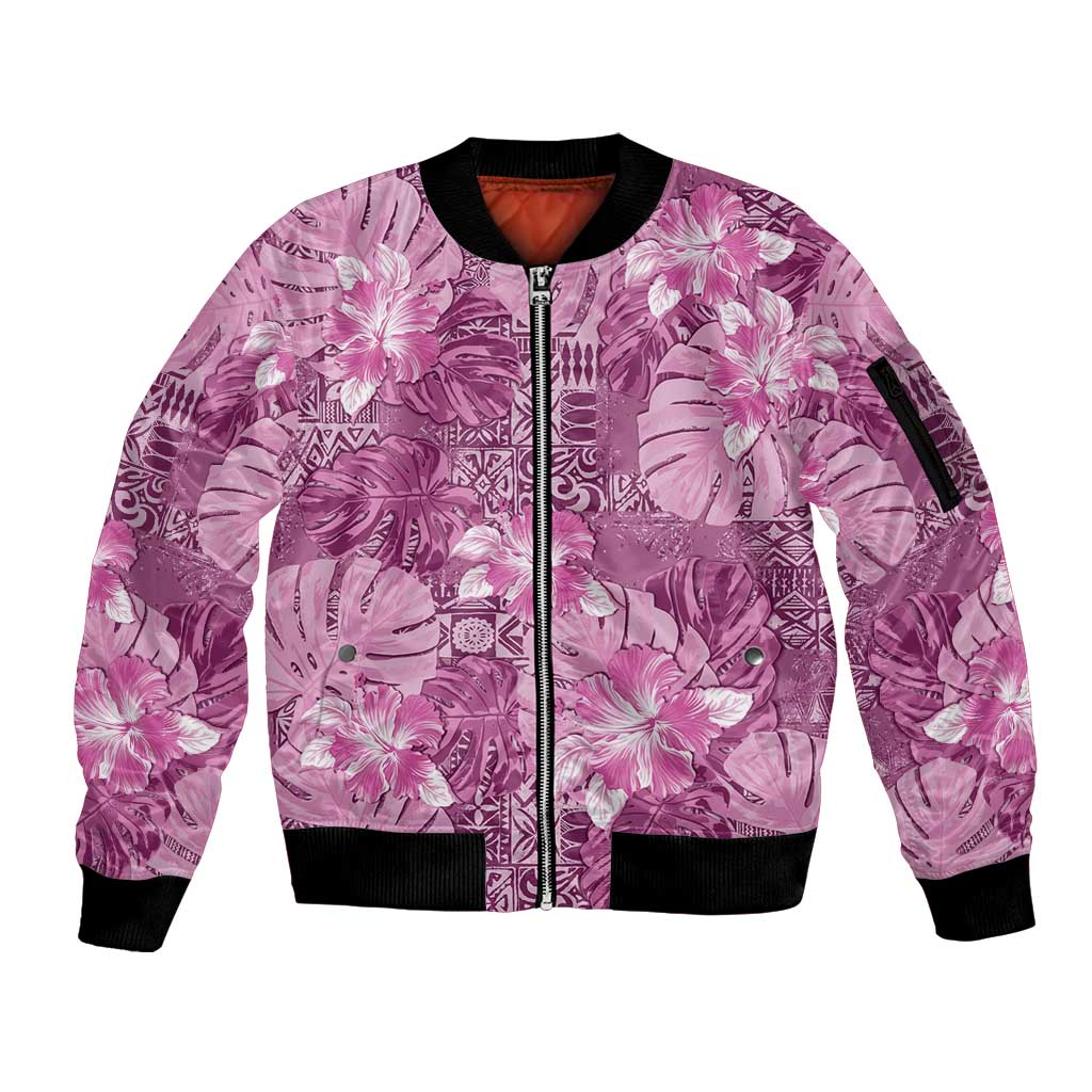 Hawaii Sleeve Zip Bomber Jacket Magenta Polynesian Monstera