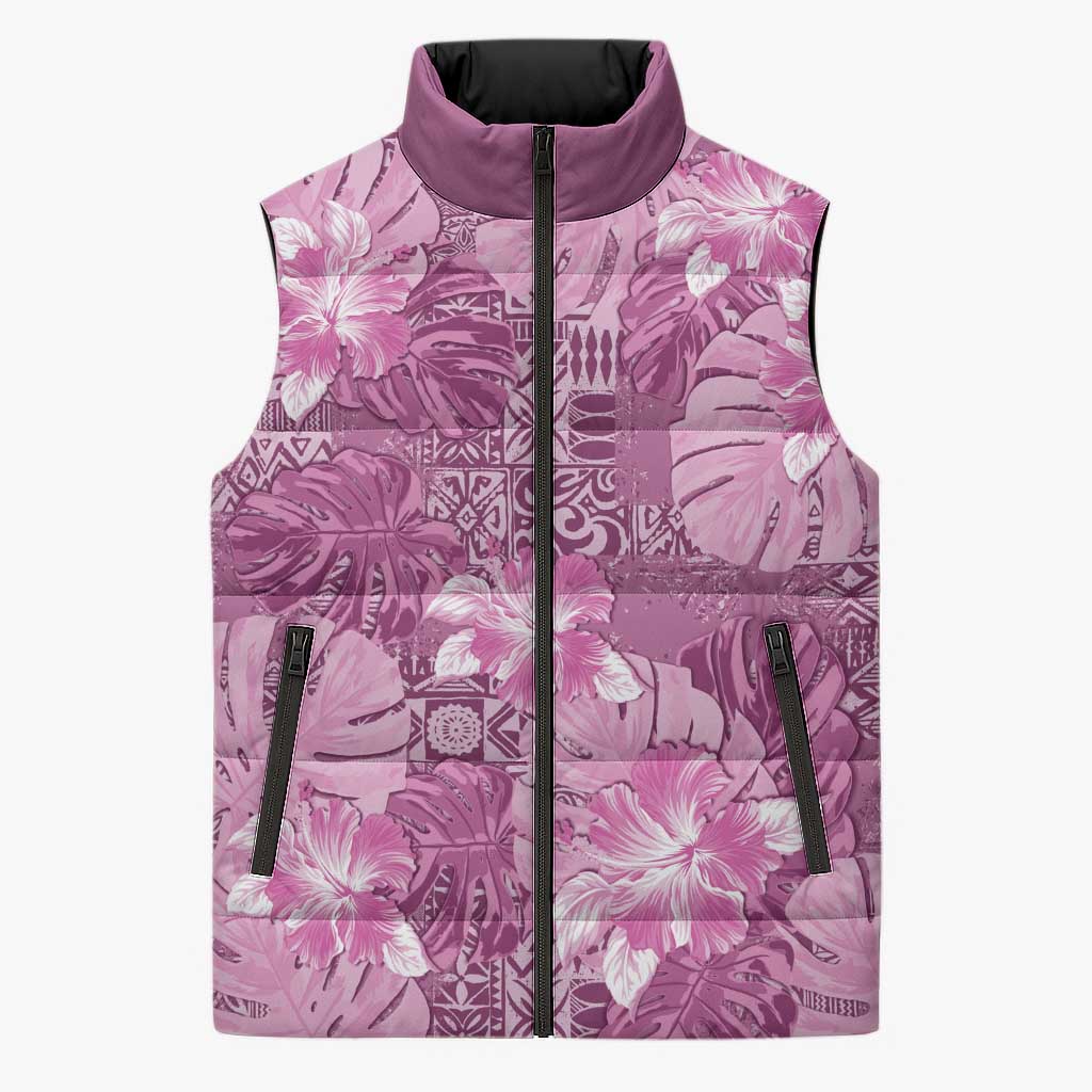 Hawaii Sleeveless Puffer Jacket Magenta Polynesian Monstera Patterns - Polynesian Pride