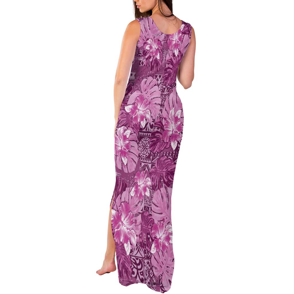 Hawaii Tank Maxi Dress Magenta Polynesian Monstera Patterns - Polynesian Pride