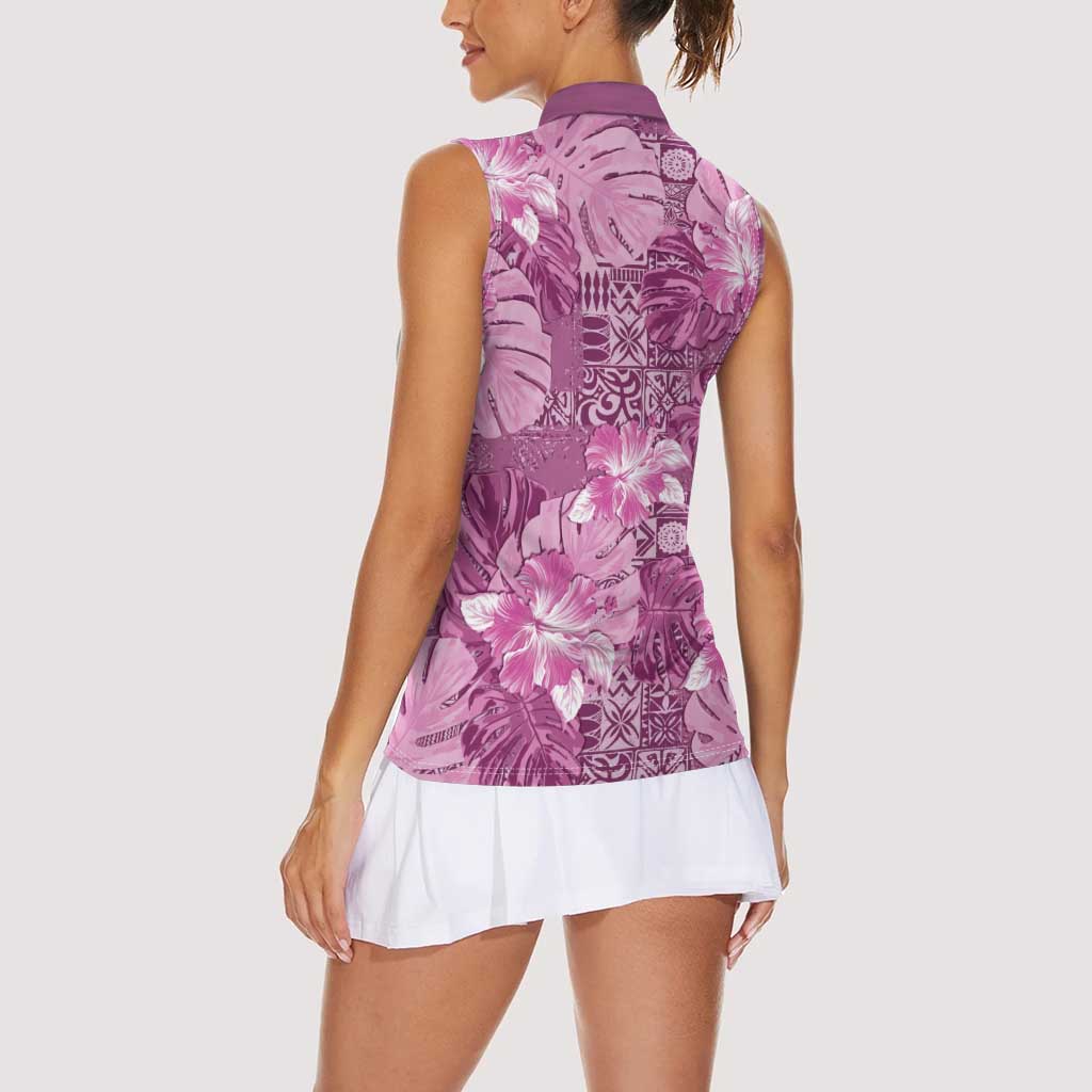 Hawaii Women Sleeveless Polo Shirt Magenta Polynesian Monstera Patterns - Polynesian Pride