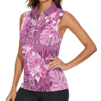Hawaii Women Sleeveless Polo Shirt Magenta Polynesian Monstera Patterns - Polynesian Pride