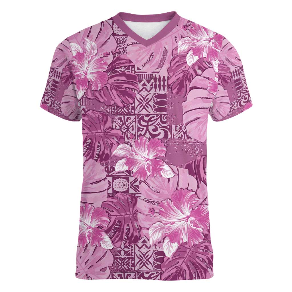 Hawaii Women V-Neck T-Shirt Magenta Polynesian Monstera Patterns DT05 Female Magenta - Polynesian Pride