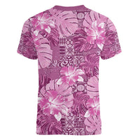 Hawaii Women V-Neck T-Shirt Magenta Polynesian Monstera Patterns - Polynesian Pride