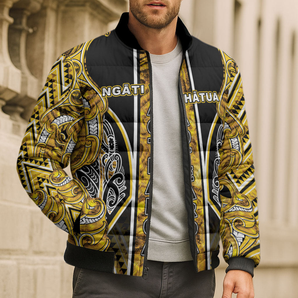 Aotearoa Ngati Whatua Bomber Puffer Jacket Maori Tribal Gold Paua Shell Pattern