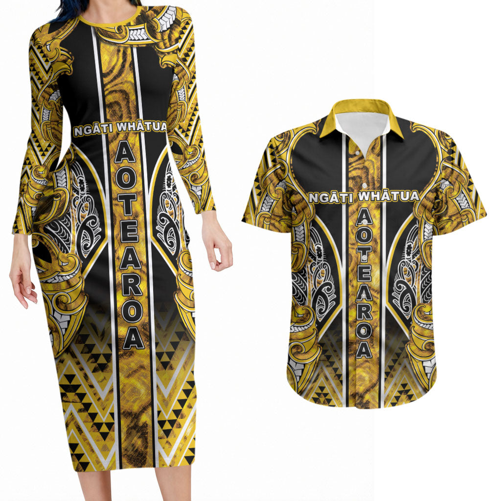 Aotearoa Ngati Whatua Couples Matching Long Sleeve Bodycon Dress and Hawaiian Shirt Maori Tribal Gold Paua Shell Pattern