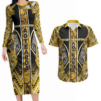 Aotearoa Ngati Whatua Couples Matching Long Sleeve Bodycon Dress and Hawaiian Shirt Maori Tribal Gold Paua Shell Pattern