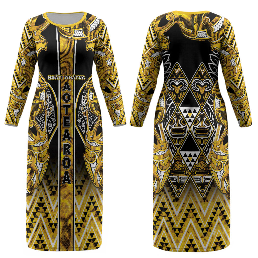 Aotearoa Ngati Whatua Couples Matching Long Sleeve Bodycon Dress and Hawaiian Shirt Maori Tribal Gold Paua Shell Pattern