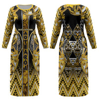 Aotearoa Ngati Whatua Couples Matching Long Sleeve Bodycon Dress and Hawaiian Shirt Maori Tribal Gold Paua Shell Pattern