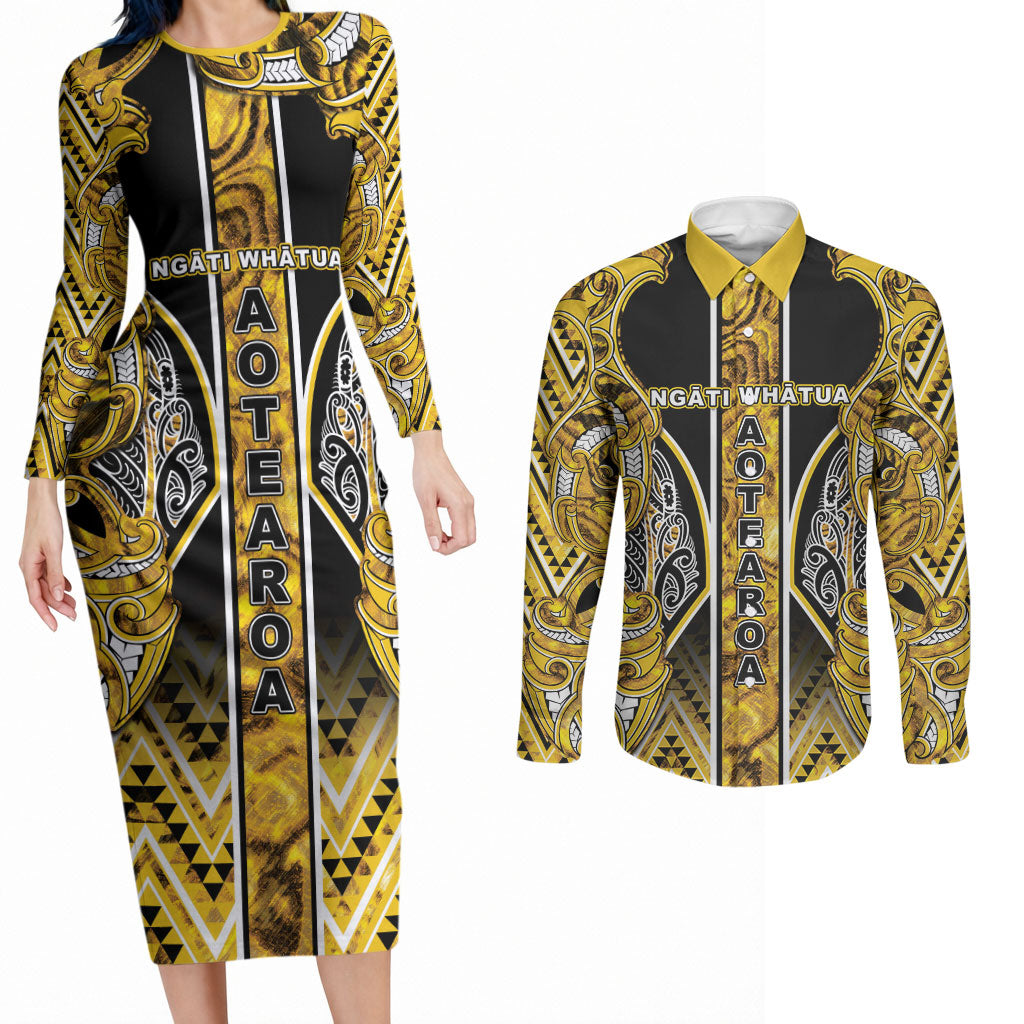 Aotearoa Ngati Whatua Couples Matching Long Sleeve Bodycon Dress and Long Sleeve Button Shirt Maori Tribal Gold Paua Shell Pattern