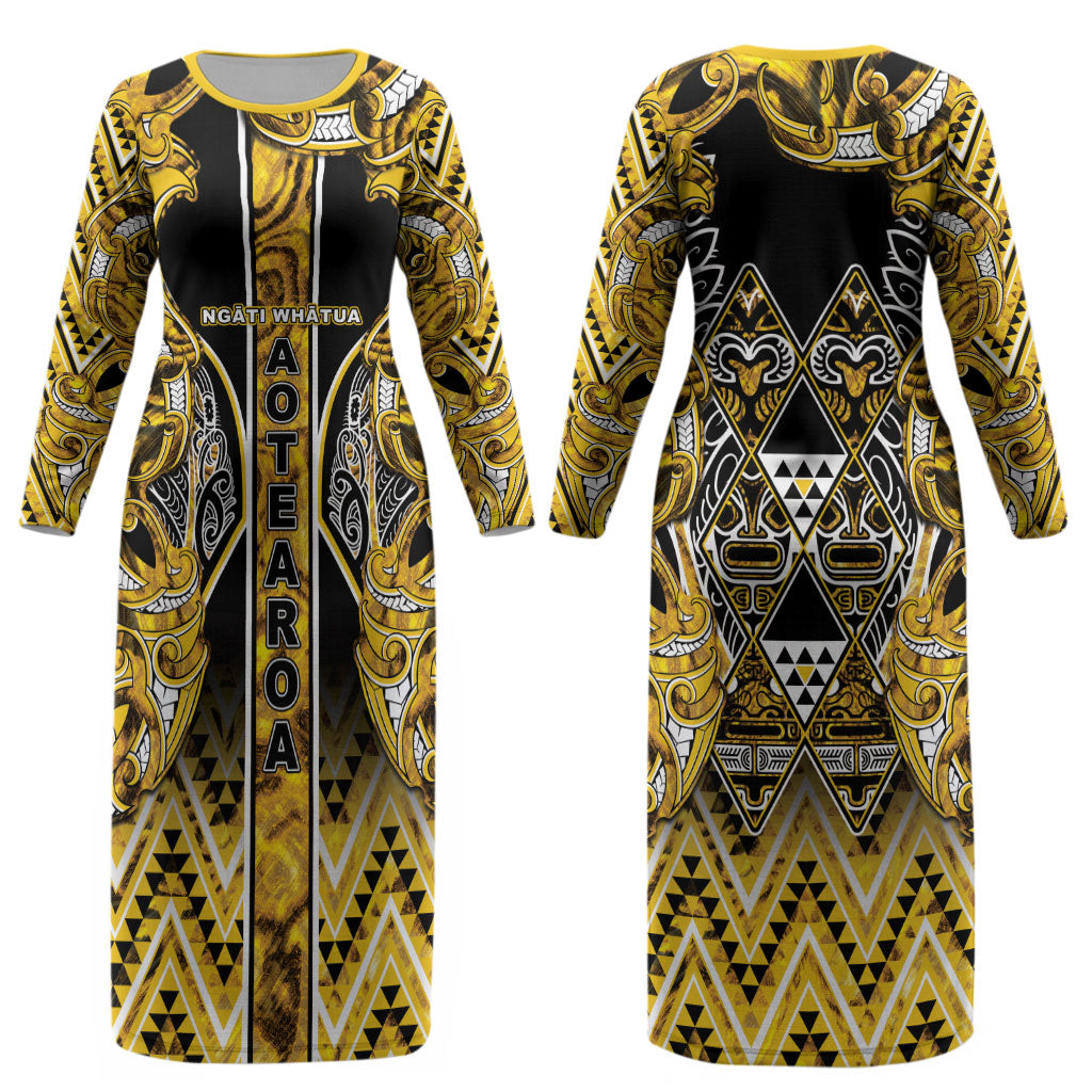 Aotearoa Ngati Whatua Couples Matching Long Sleeve Bodycon Dress and Long Sleeve Button Shirt Maori Tribal Gold Paua Shell Pattern