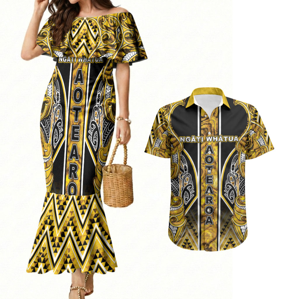 Aotearoa Ngati Whatua Couples Matching Mermaid Dress and Hawaiian Shirt Maori Tribal Gold Paua Shell Pattern