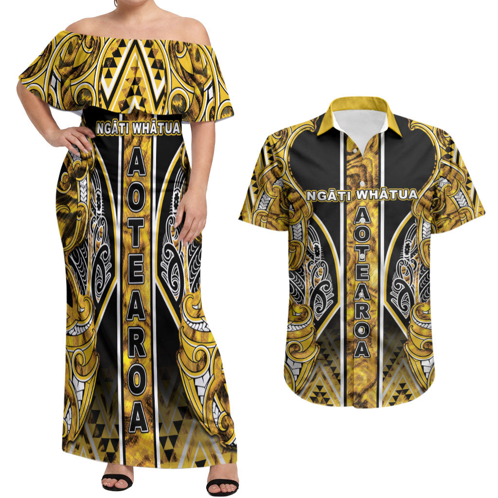 Aotearoa Ngati Whatua Couples Matching Off Shoulder Maxi Dress and Hawaiian Shirt Maori Tribal Gold Paua Shell Pattern