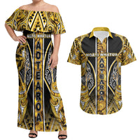 Aotearoa Ngati Whatua Couples Matching Off Shoulder Maxi Dress and Hawaiian Shirt Maori Tribal Gold Paua Shell Pattern